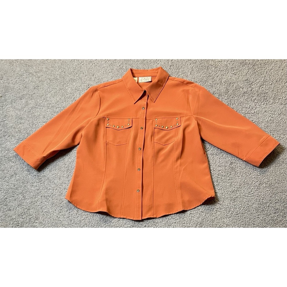 Vtg Kathy Che Button Front Shirt Women's S Studded Orange Pockets Career Casual - Picture 5 of 14